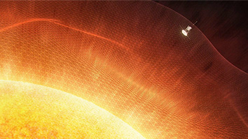 A rendering of the Parker Solar Probe inside the sun's corona.